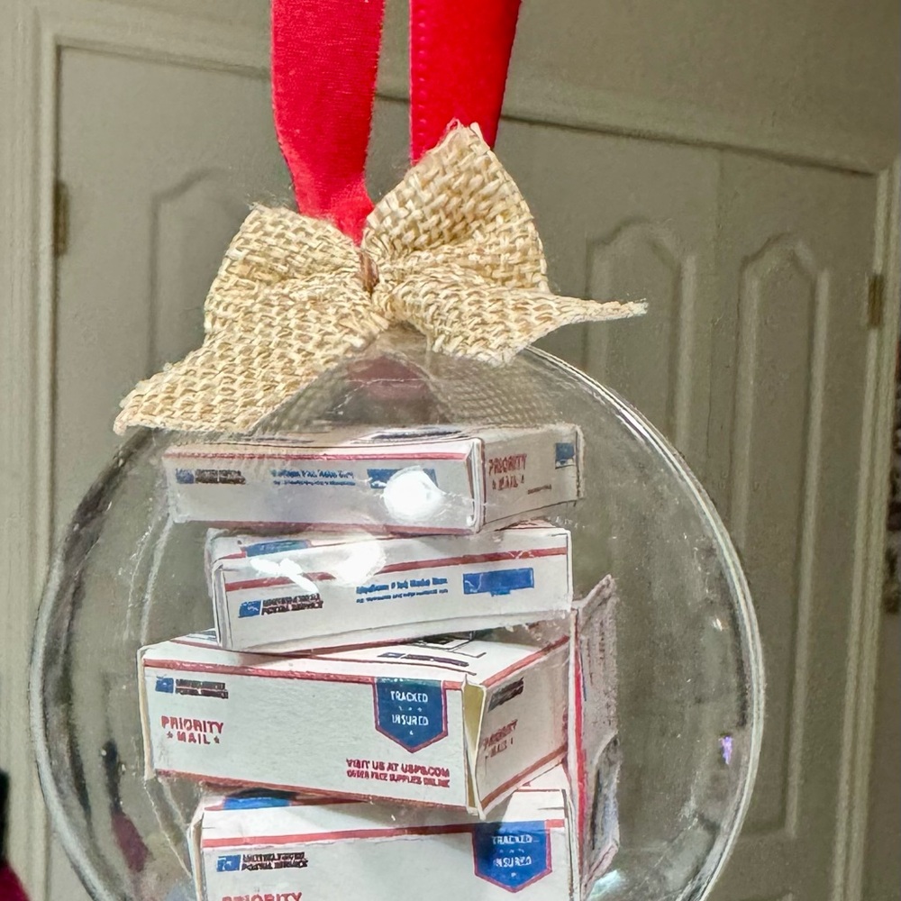 USPS tiny packages clear plastic ornament